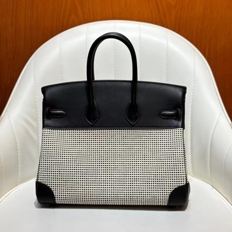 Hermes Birkin Bag togo Leather & Canvas Black White