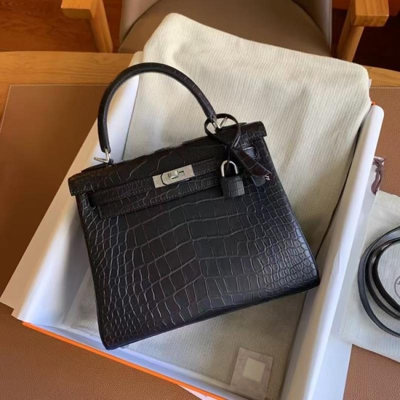Hermes Kelly Shoulder Bags Nile Crocodile Leather Black