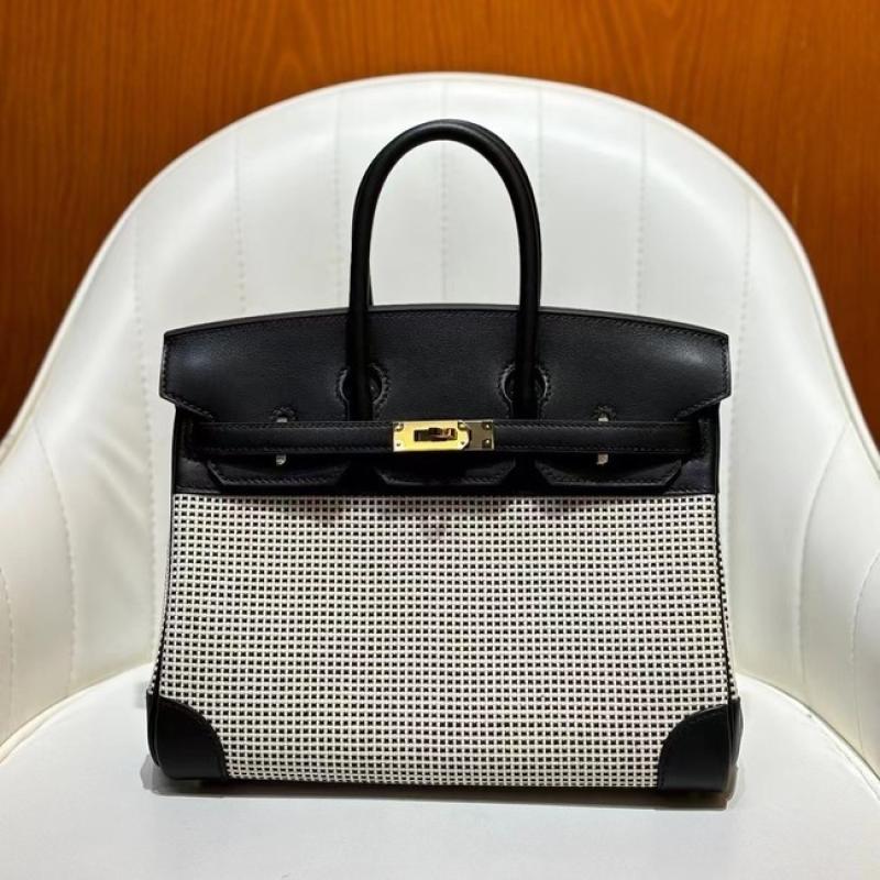 Hermes Birkin Bag togo Leather & Canvas Black White