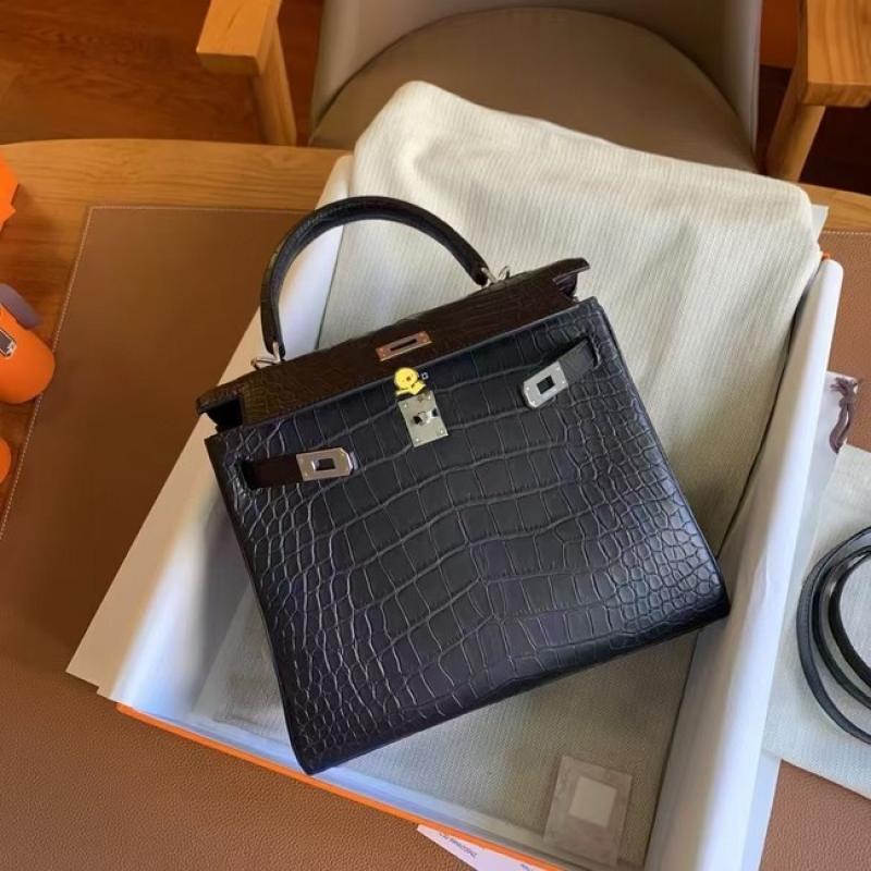 Hermes Kelly Shoulder Bags Nile Crocodile Leather Black
